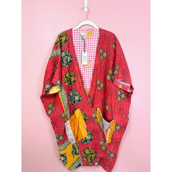 Jaded‎ Gypsy Open-Front Kantha Kimono RED COMBO One Size